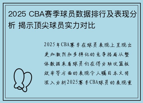 2025 CBA赛季球员数据排行及表现分析 揭示顶尖球员实力对比