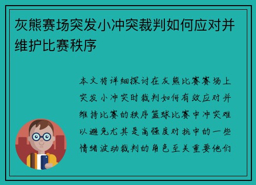 灰熊赛场突发小冲突裁判如何应对并维护比赛秩序