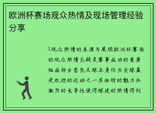欧洲杯赛场观众热情及现场管理经验分享