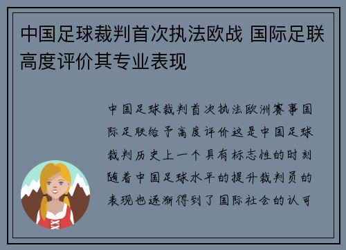中国足球裁判首次执法欧战 国际足联高度评价其专业表现